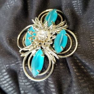 Turquoise blue and silver Diamond Rhinestone costume jewelry brooch